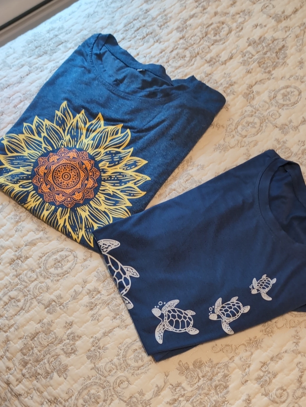 Blue Graphic Tees with Yellow Sunflower  And Turtles